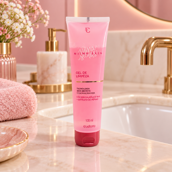 Gel de Limpeza Eudora Skin Niina Secrets 100ml sobre pia de banheiro