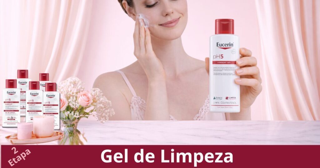 Mulher aplicando Gel de Limpeza para Rosto enquanto segura produto eucerin de skincare em fundo rosa delicado