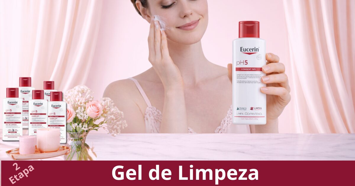 Mulher aplicando Gel de Limpeza para Rosto enquanto segura produto eucerin de skincare em fundo rosa delicado
