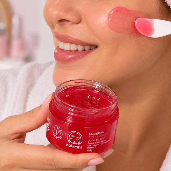 Mulher aplicando Gel em Geleia de Colágeno Kokeshi no rosto