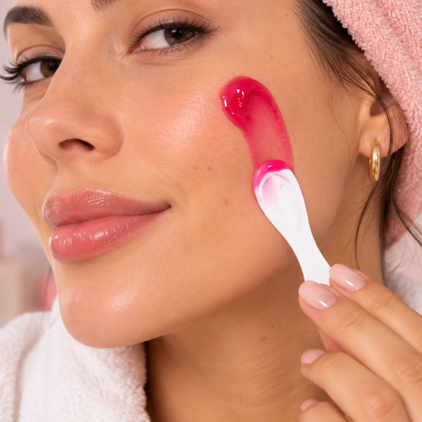 Mulher aplicando Gel em Geleia de Colágeno Kokeshi no rosto com espátula