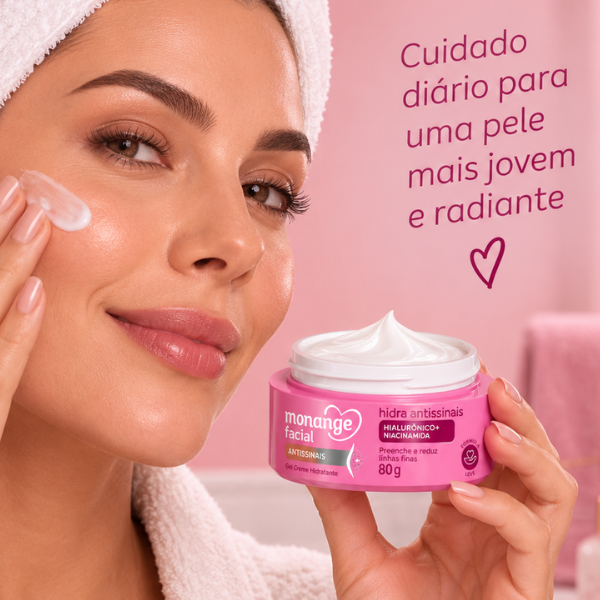 Mulher aplicando Hidratante Facial Antissinais Monange para rugas no rosto
