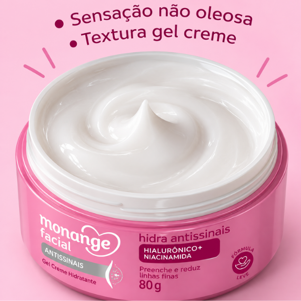 Hidratante Facial Antissinais Monange com textura gel creme não oleosa