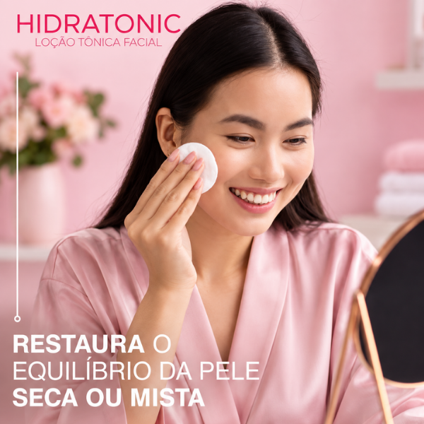Mulher aplicando Loção Tônica Facial Bel Col com algodão no rosto