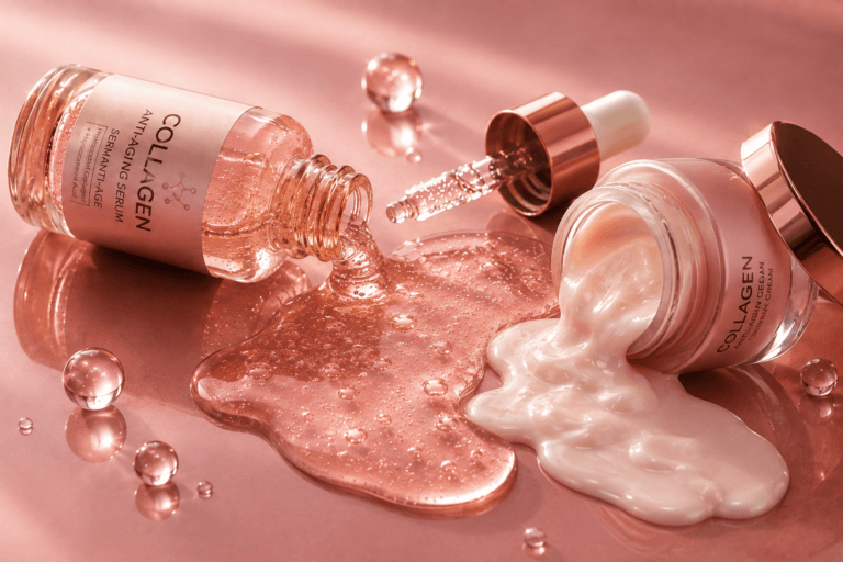 Melhor produto com colágeno para rugas, com sérum facial de colágeno aberto e derramado.