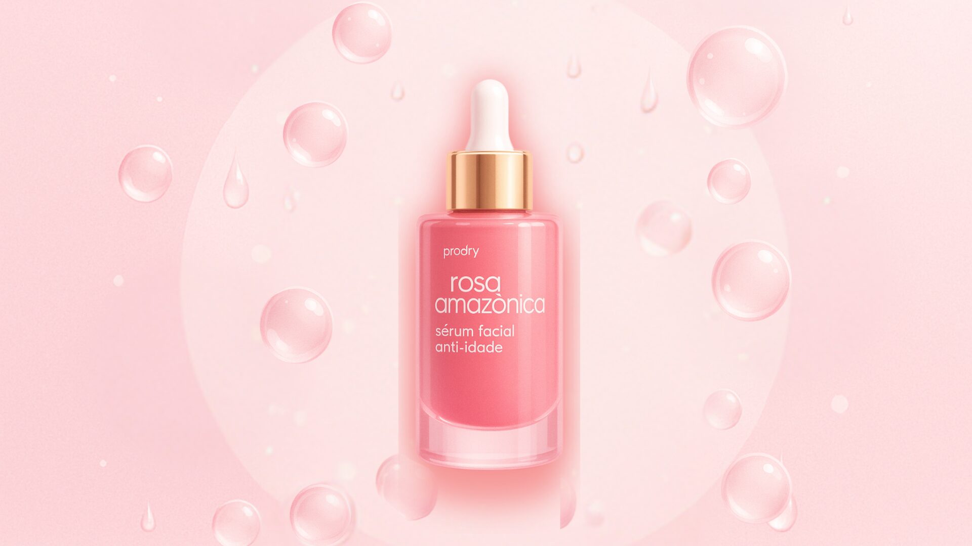 Frasco do Sérum Facial Rosa Amazonica em destaque, rodeado por tratamento de rosa e efeitos de splash de água representando hidratação profunda.