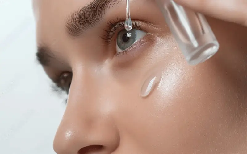 Close-up de uma mulher jovem aplicando óleo de rosa mosqueta na área dos olhos, representando cuidado e prevenção.