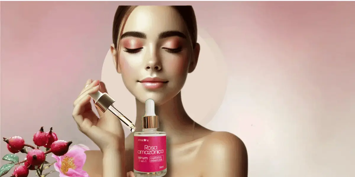 Mulher aplicando sérum de rosa mosqueta, simbolizando cuidado com a pele jovem e prevenção do envelhecimento.