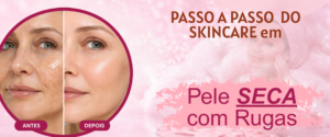 Passo a passo do skincare em pele seca com rugas mostrando antes e depois da hidratação e cuidados anti idade.