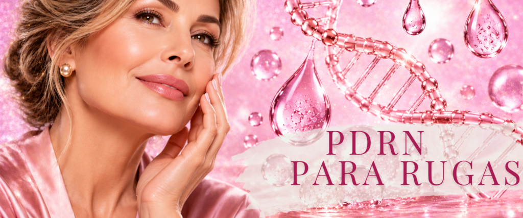 PDRN para rugas: mulher elegante com pele madura, molécula de DNA e gotas de sérum facial.