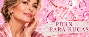 PDRN para rugas: mulher elegante com pele madura, molécula de DNA e gotas de sérum facial.