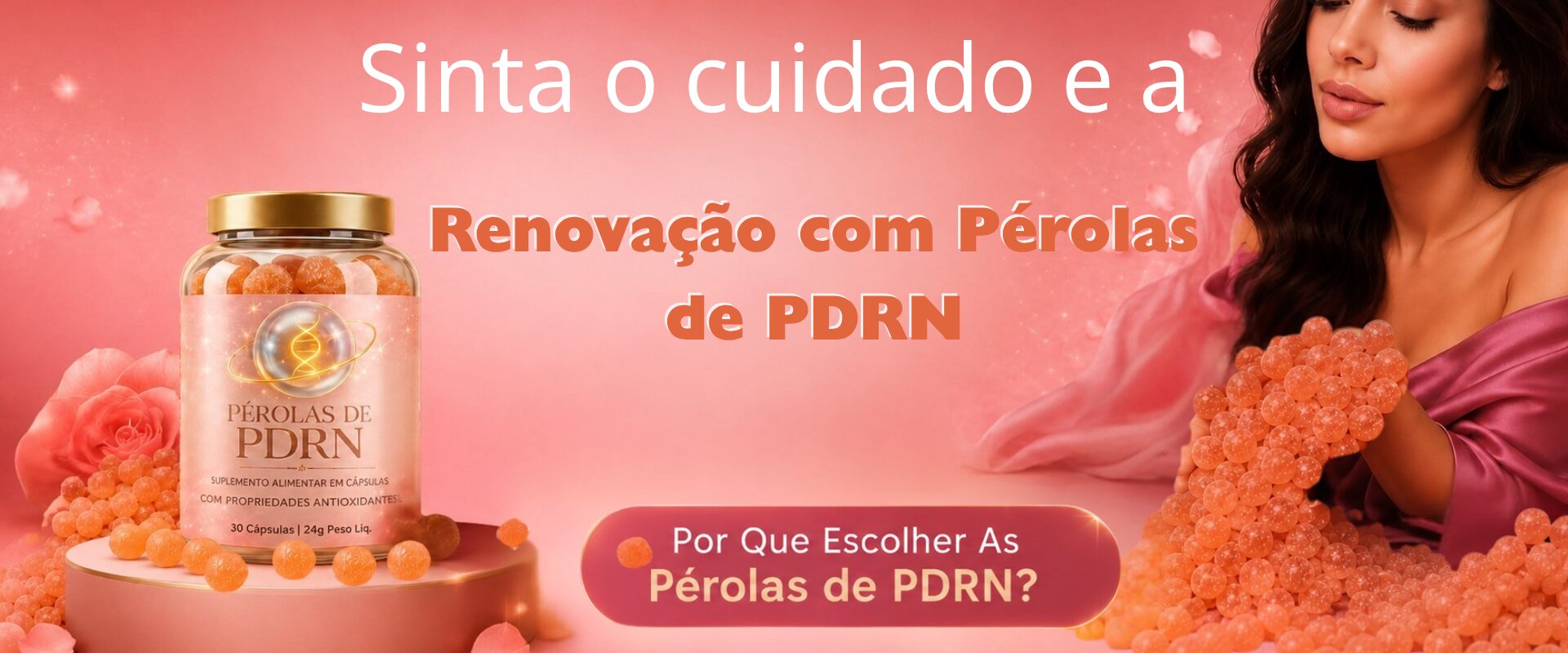 PDRN em suplemento de pérolas para rejuvenescimento da pele com modelo segurando gomas de PDRN.