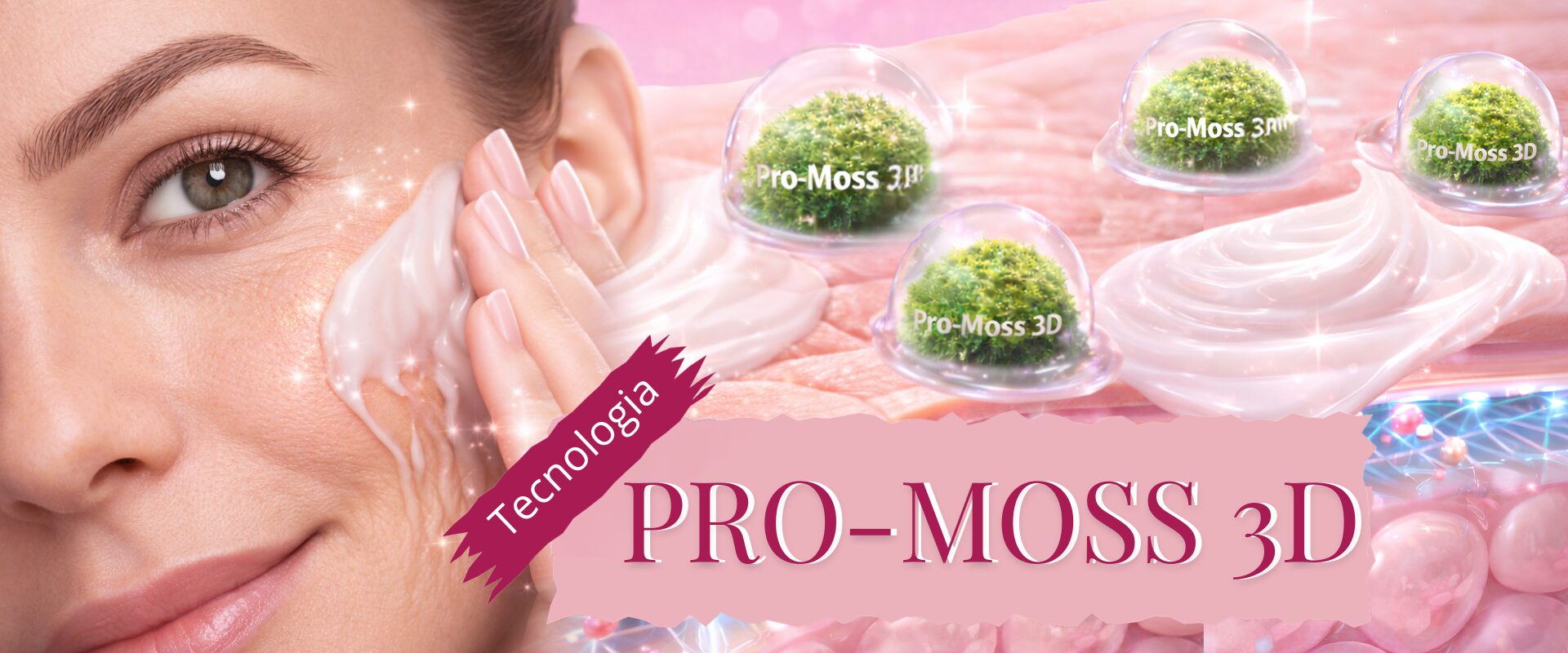 Mulher aplicando o produto Rosa Amazonica anti rugas com Tecnologia Pro-Moss 3D para ajudar na aparência de pele jovem sem rugas e linhas fina.