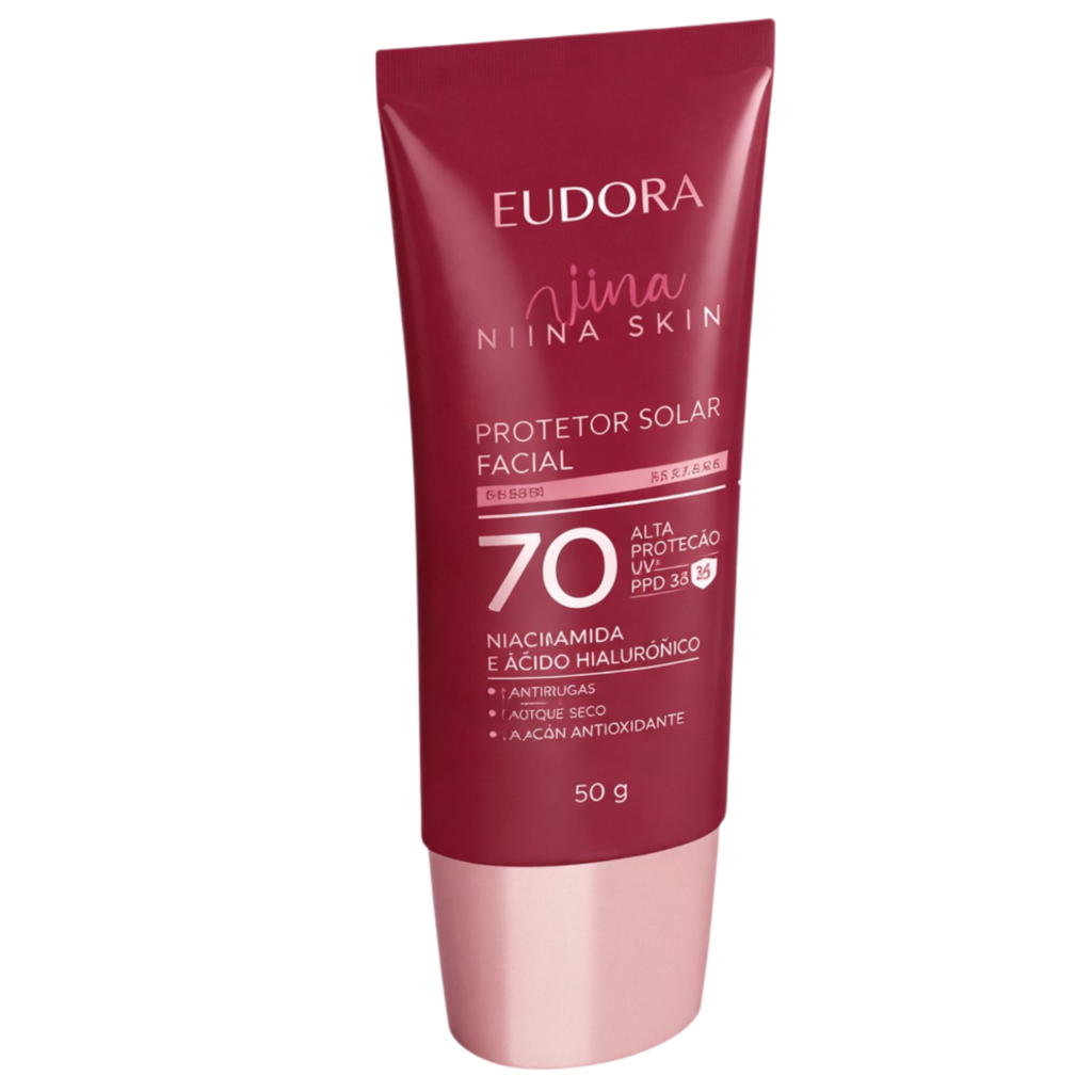 Protetor Solar Facial Eudora Niina Skin FPS 70 com niacinamida e ácido hialurônico para prevenção de rugas e proteção diária da pele.