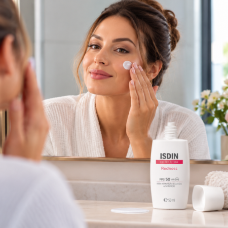 Mulher aplicando Protetor Solar Facial FPS 50 ISDIN FotoUltra Redness no rosto