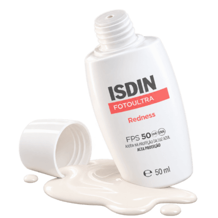 Protetor Solar Facial FPS 50 ISDIN FotoUltra Redness aberto com textura