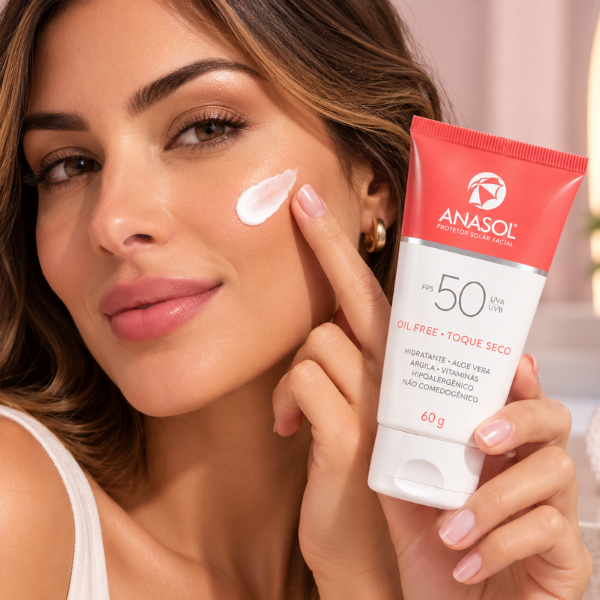 Mulher aplicando Protetor Solar FPS 50 Oil-Free Anasol no rosto