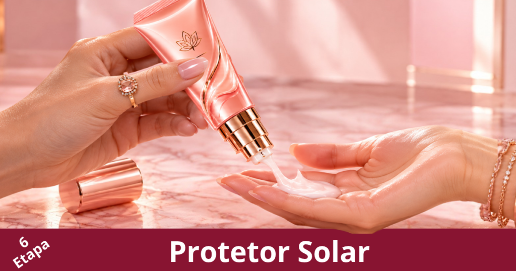 Protetor solar para rugas sendo aplicado na mão antes do uso no rosto durante rotina de skincare anti rugas.