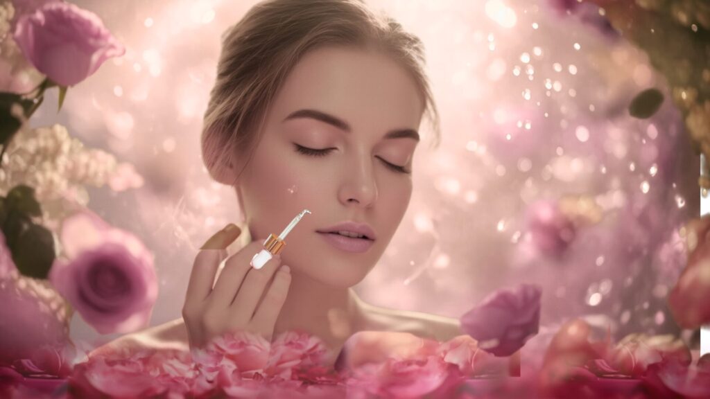Mulher aplicando sérum antienvelhecimento em ambiente floral suave com luz dourada