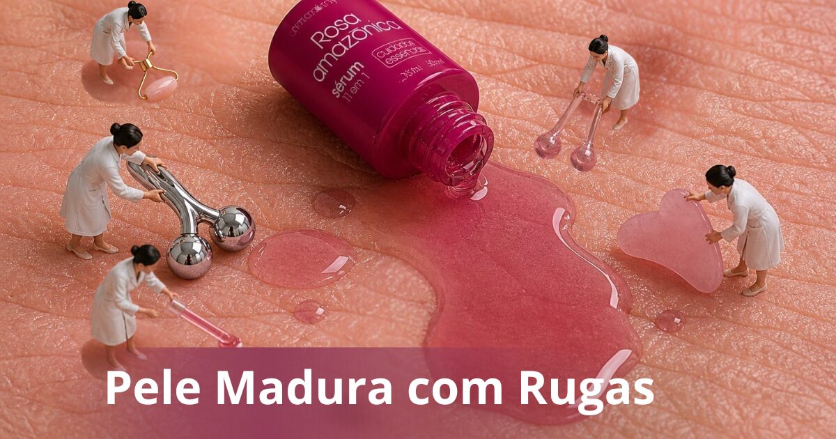 Rosa Amazônica para pele madura com rugas com mini humanas aplicando sérum facial e massageador para suavizar linhas de expressão.