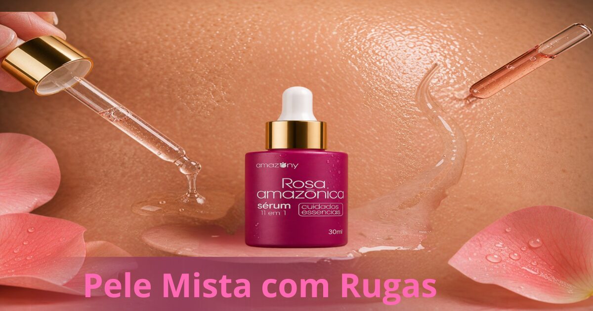 Rosa Amazônica para pele mista com rugas com sérum facial aplicado sobre a pele para hidratar, equilibrar a oleosidade e suavizar linhas fina.