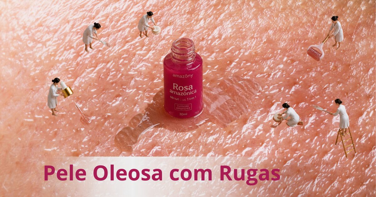 Rosa Amazônica para pele oleosa com rugas com mini humanas aplicando sérum facial para hidratar e suavizar linhas finas sem aumentar a oleosidade.