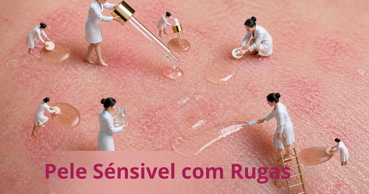 Rosa Amazônica para pele sensível com rugas com mini humanas aplicando sérum facial para hidratar, suavizar linhas fina e cuidar da pele delicada.