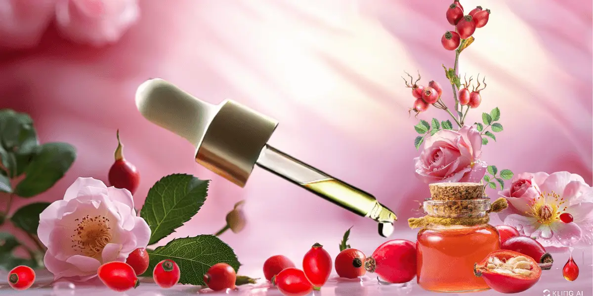 "Serum de óleo de rosa mosqueta ao lado de flores e frutos, simbolizando hidratação profunda e propriedades antienvelhecimento."