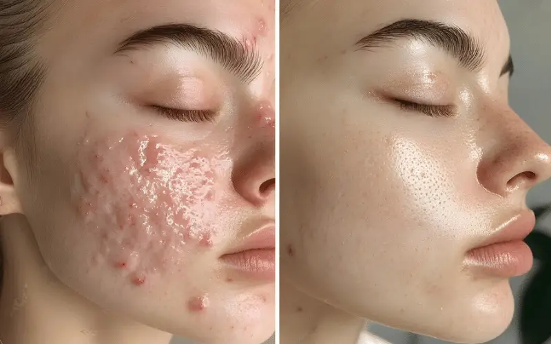 Antes e depois do uso de óleo de rosa mosqueta em pele acneica, mostrando regeneração e controle da oleosidade.