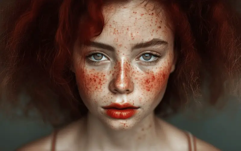 Mulher de pele sensível com sardas em destaque, refletindo cuidado e alívio para irritações e vermelhidão com óleo de rosa mosqueta.