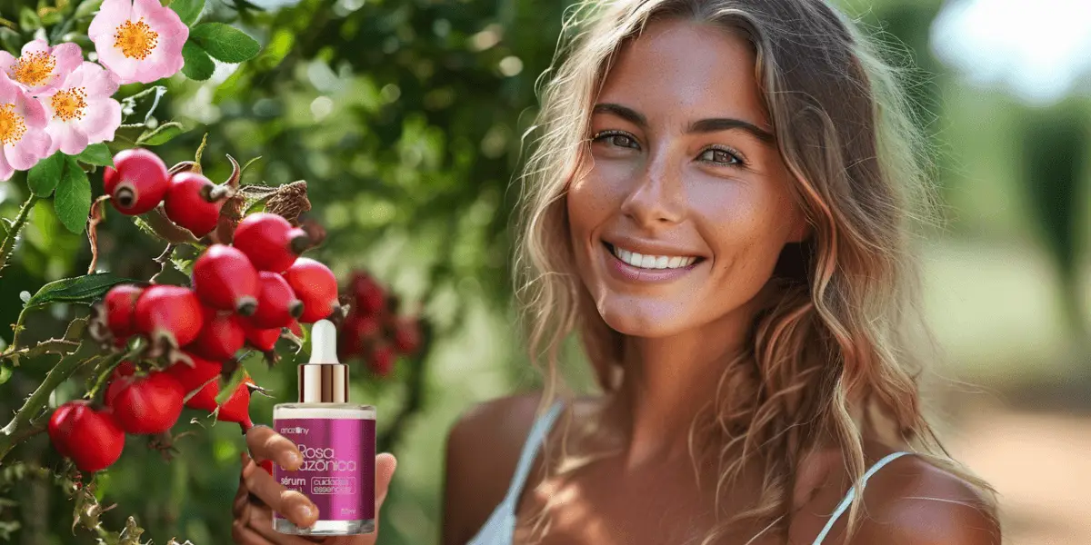 Mulher sorridente segurando um sérum de rosa mosqueta, destacando a naturalidade e os benefícios regeneradores da planta para a pele.