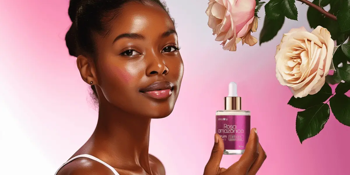 Mulher com pele radiante um frasco de Rosa Mosqueta, destacando seus benefícios naturais para o rejuvenescimento e firmeza da pele.
