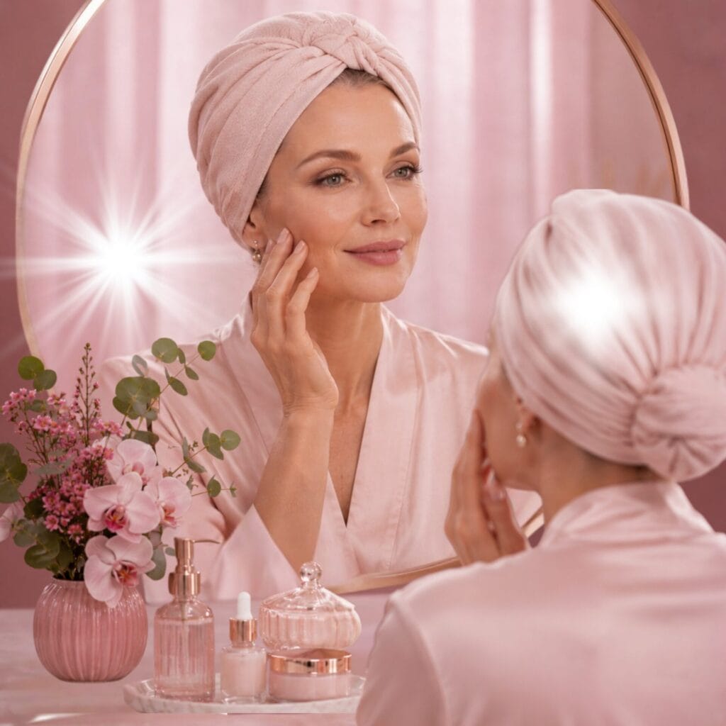 Mulher fazendo rotinas de skincare para rugas em frente ao espelho com cuidados para cada tipo de pele.