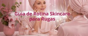 Mulher fazendo rotinas de skincare para rugas em frente ao espelho com cuidados para cada tipo de pele.