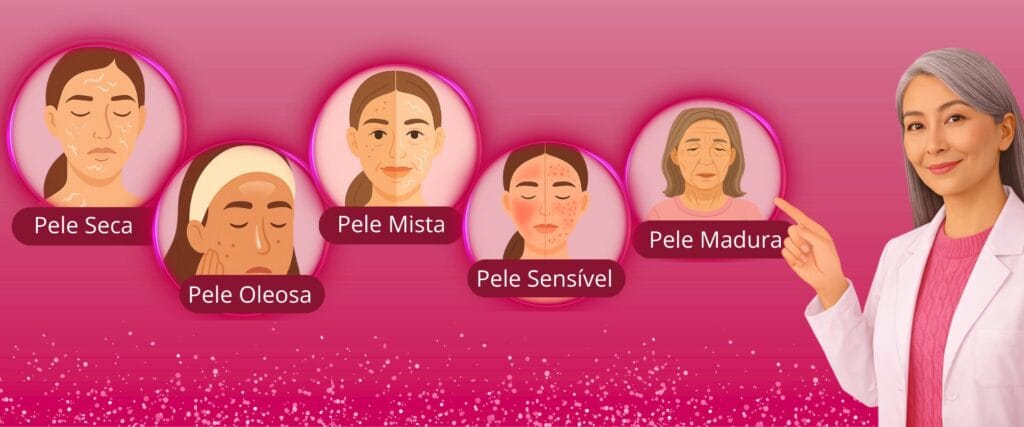 Rugas por tipo de pele mostrando diferenças entre pele seca, oleosa, mista, sensível e madura e como cada pele envelhece de forma diferente.