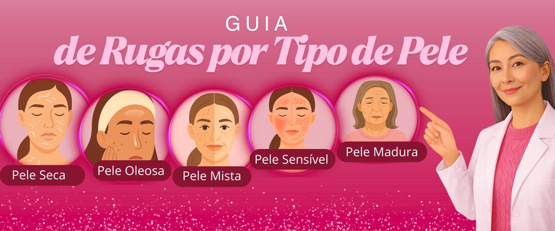 Rugas por tipo de pele mostrando diferenças entre pele seca, oleosa, mista, sensível e madura e como cada pele envelhece de forma diferente.