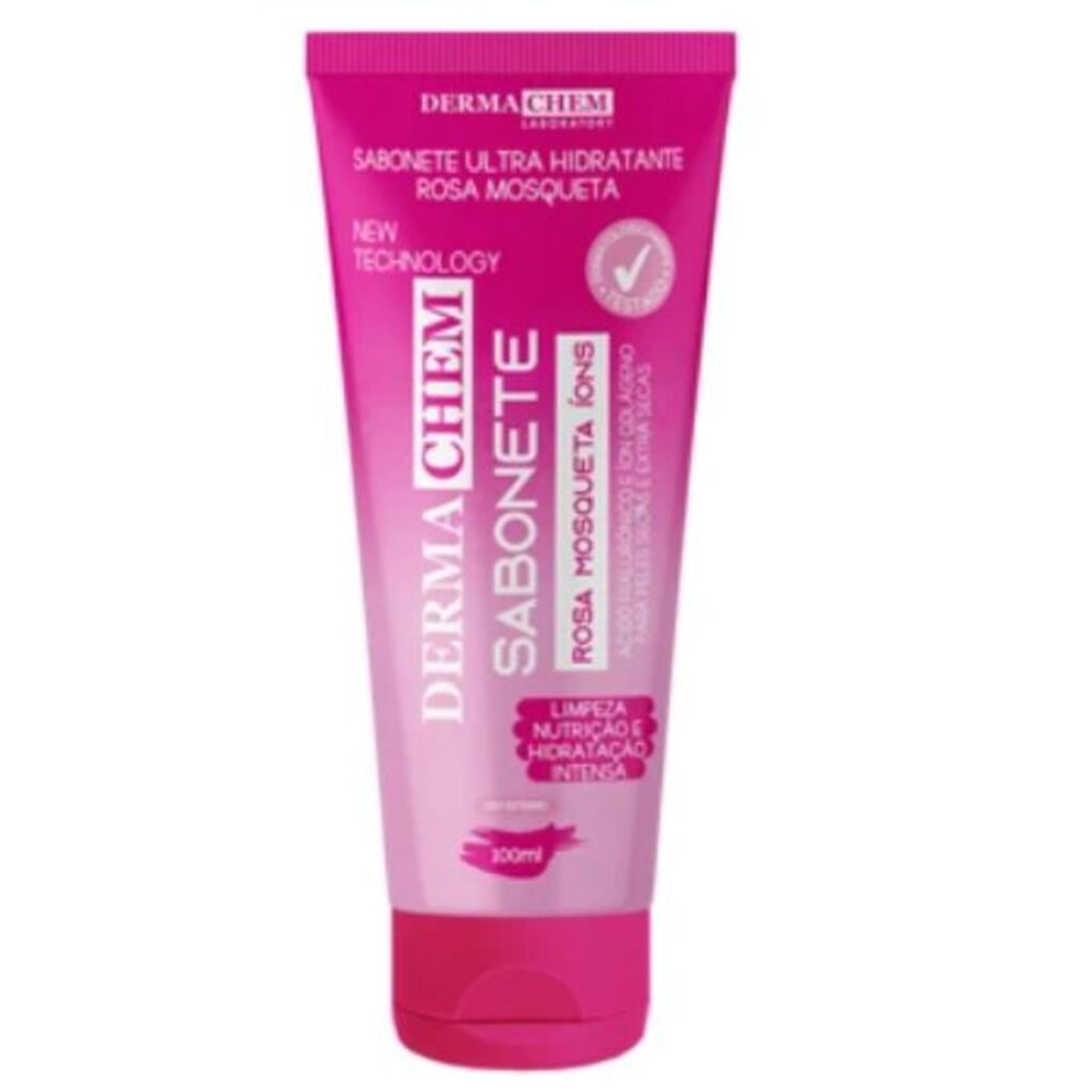 Embalagem do sabonete ultra hidratante Rosa Mosqueta da marca Derma Chem, com fórmula de limpeza, nutrição e hidratação intensa, 100ml.