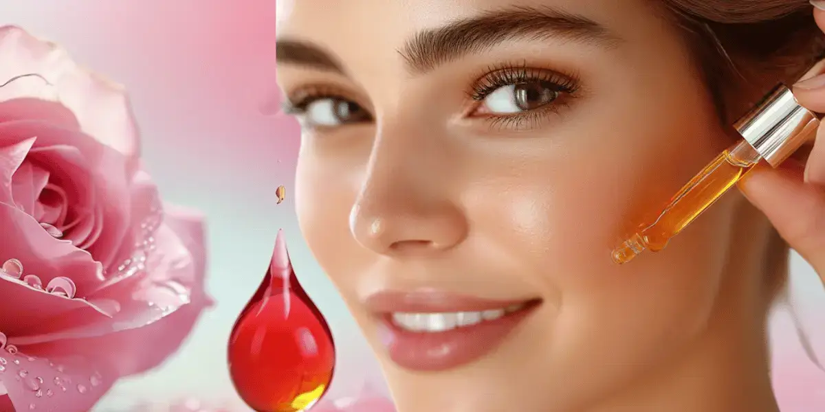 Mulher com pele radiante aplicando óleo de rosa mosqueta, ao lado de uma rosa e uma gota do óleo, representando cuidados antienvelhecimento.