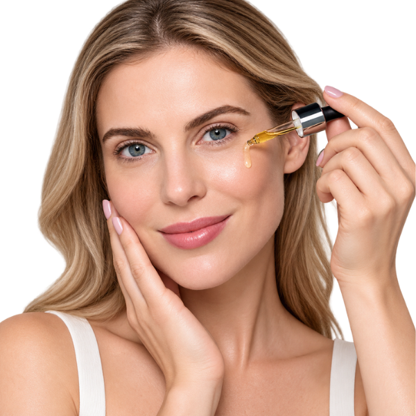 Mulher aplicando Sérum Anti-Idade Facial Retinol no rosto com conta-gotas