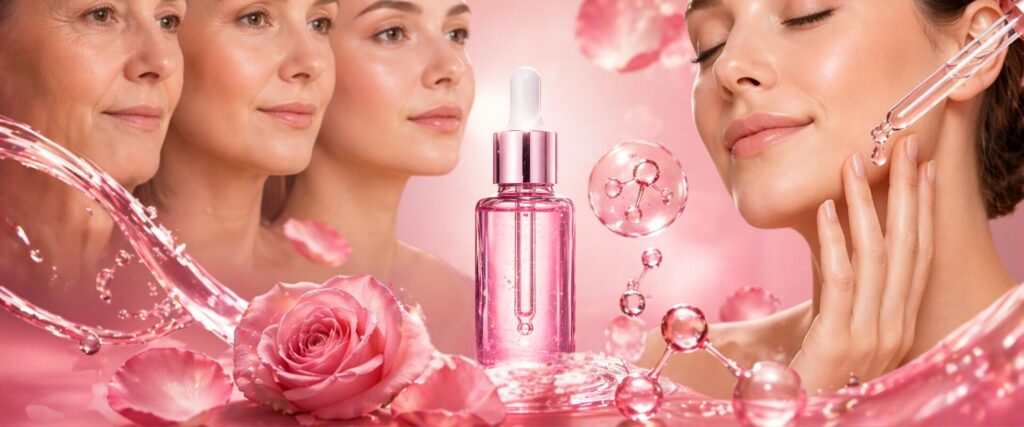 Serum facial anti rugas sendo aplicado com cuidado na pele saudável e bem cuidada