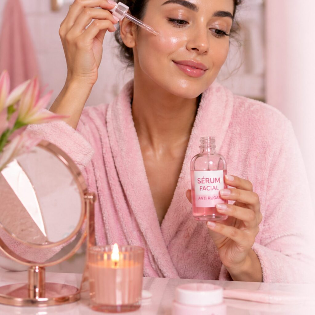 mulher aplicando serum facial anti rugas na pele como etapa essencial da rotina de skincare para reduzir rugas
