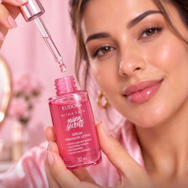 Mulher usando Serum Niacinamida e Peptídeo Firmador Niina Secrets Skin
