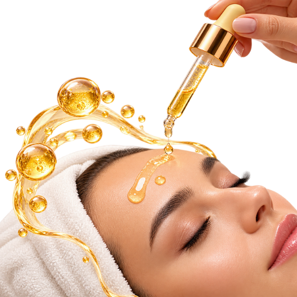 Mulher aplicando sérum anti rugas com retinol no rosto, utilizando um conta-gotas com líquido dourado para representar o cuidado com a pele madura.