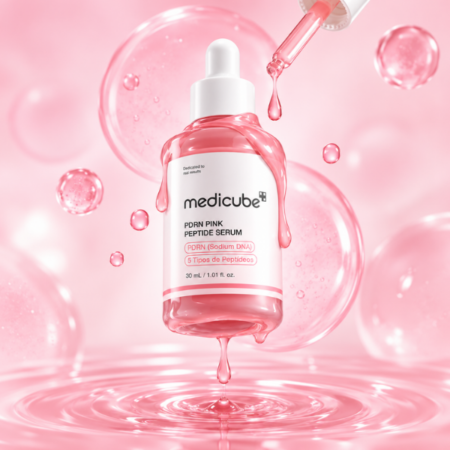 Sérum Regenerador PDRN Peptídeos Medicube com textura rosa