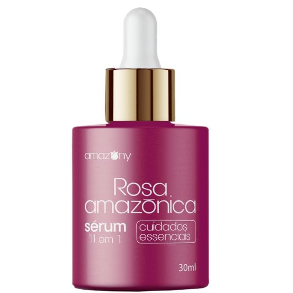 Frasco rosa do Sérum Rosa Amazônica 11 em 1, com 30ml, tampa dourada e conta-gotas branco, voltado para cuidados essenciais com a pele.