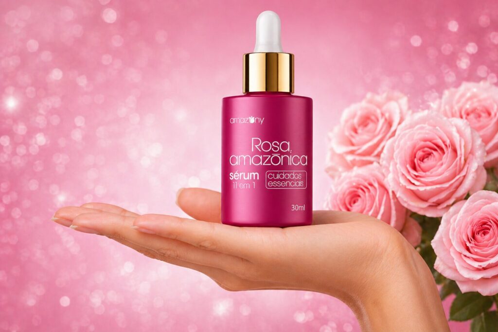 Sérum Rosa Amazônica Anti Rugas sobre a mão com fundo rosa e flores, representando hidratação, suavização de rugas e cuidado facial anti-idade.