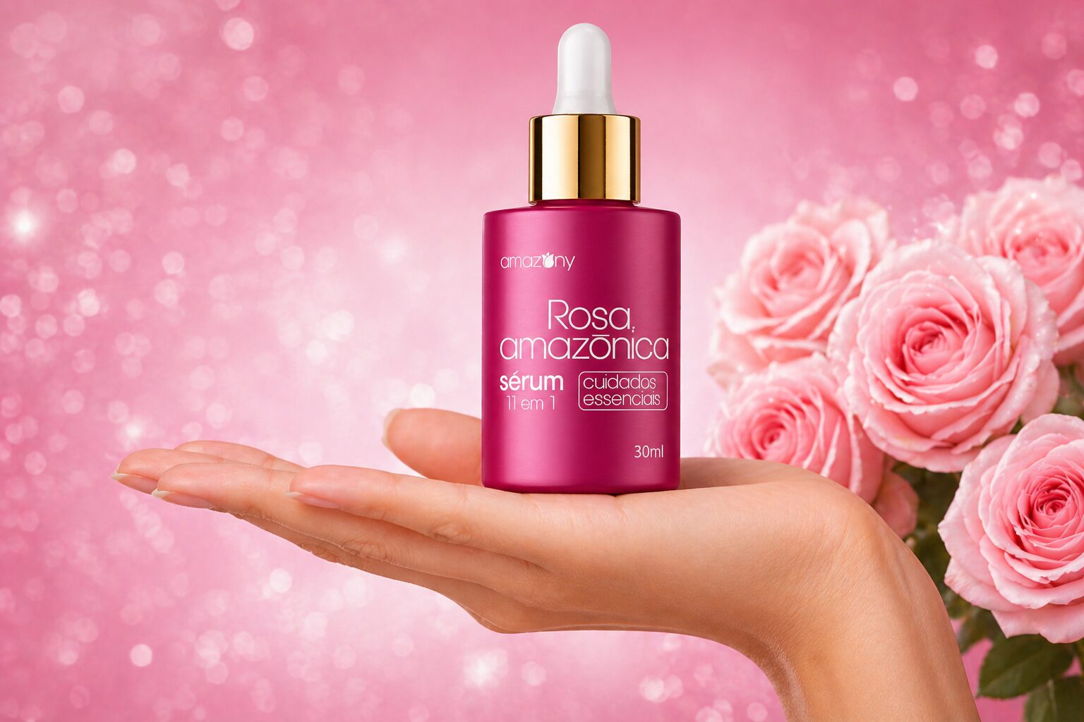 Sérum Rosa Amazônica Anti Rugas sobre a mão com fundo rosa e flores, representando hidratação, suavização de rugas e cuidado facial anti-idade.