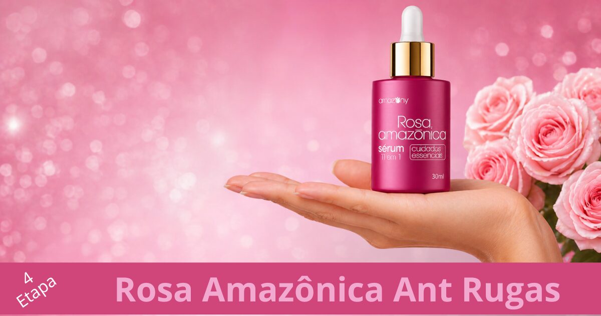 Sérum Rosa Amazônica Anti Rugas sobre a mão com fundo rosa e flores, representando hidratação, suavização de rugas e cuidado facial anti-idade.
