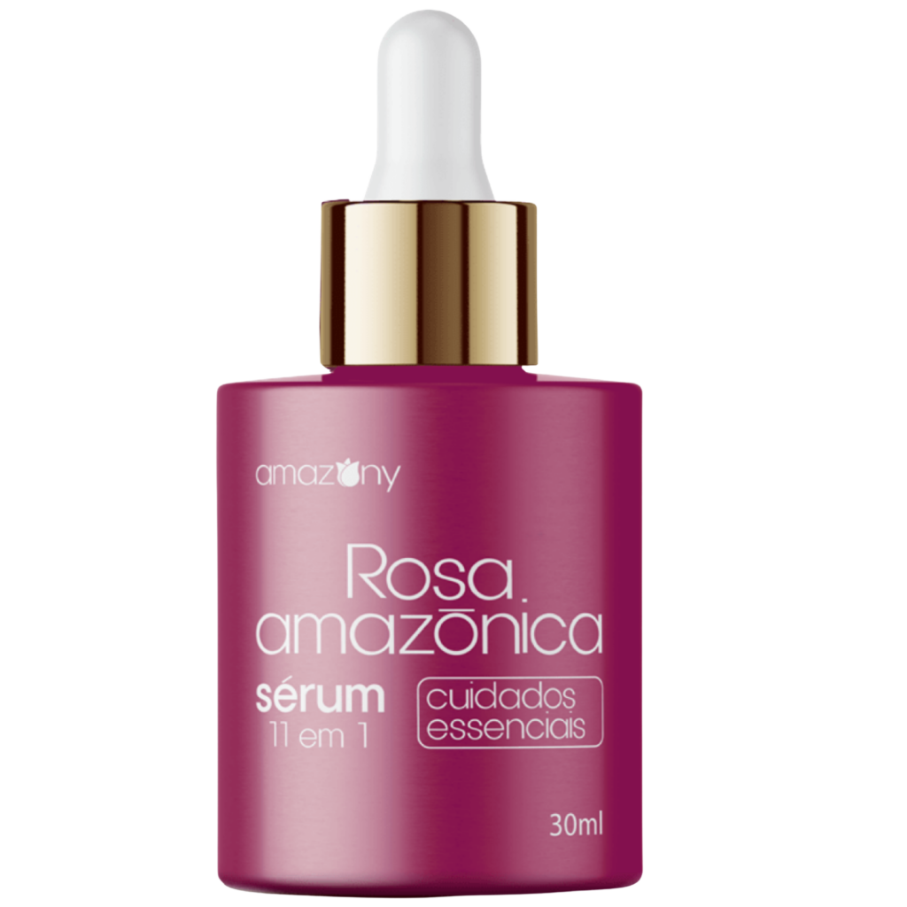 Sérum Rosa Amazônica 11 em 1 30ml com cuidados essenciais para hidratação e prevenção de rugas.