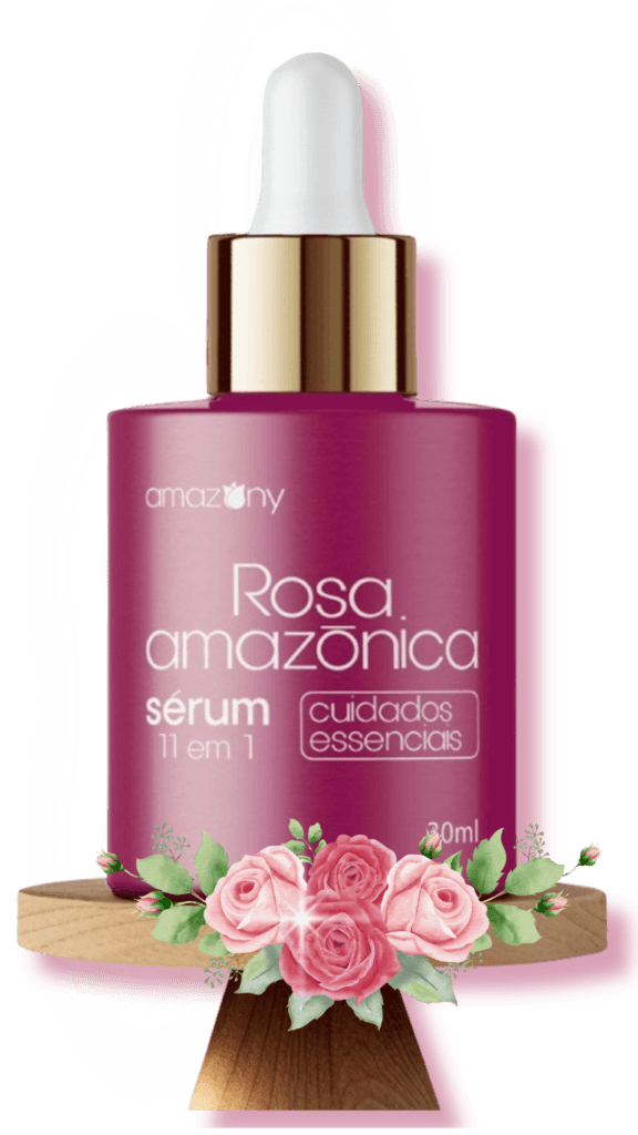 Frasco do Sérum Rosa Amazônica 11 em 1 ideal para reduzir rugas, flacidez e manchas da pele madura.